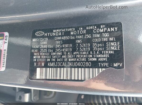 KM8J3CAL3KU040280 2019 HYUNDAI TUCSON Gray ძრავის განყოფილების ხედი