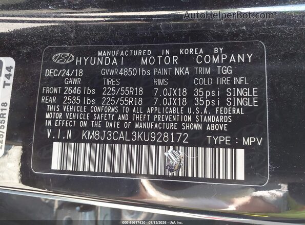 KM8J3CAL3KU928172 2019 HYUNDAI TUCSON Black Շարժիչի բաժամունքի տեսք