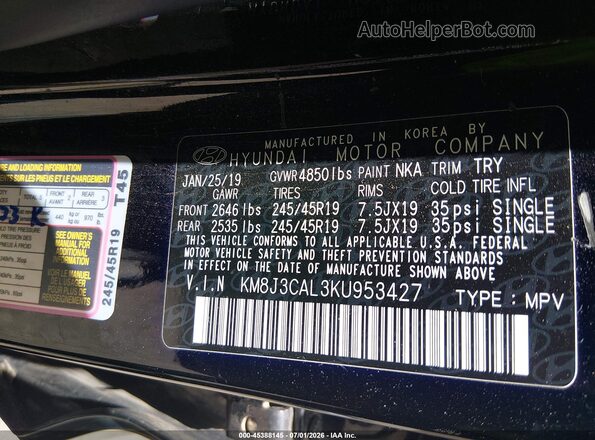 KM8J3CAL3KU953427 2019 HYUNDAI TUCSON Черный Вид подкапотного пространства