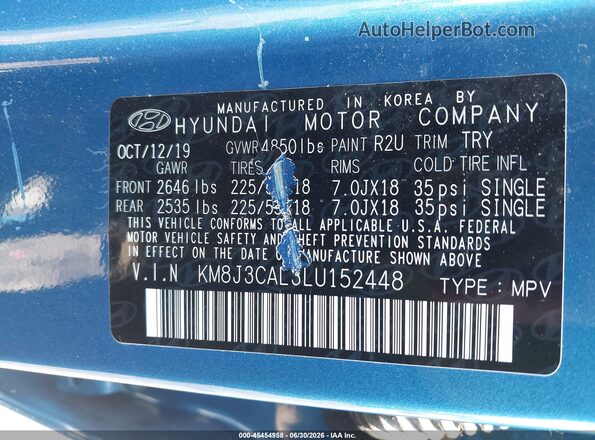 KM8J3CAL3LU152448 2020 HYUNDAI TUCSON Blue Widok komory silnika