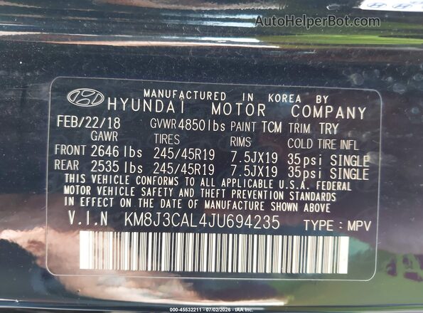 KM8J3CAL4JU694235 2018 HYUNDAI TUCSON Black Engine compartment view