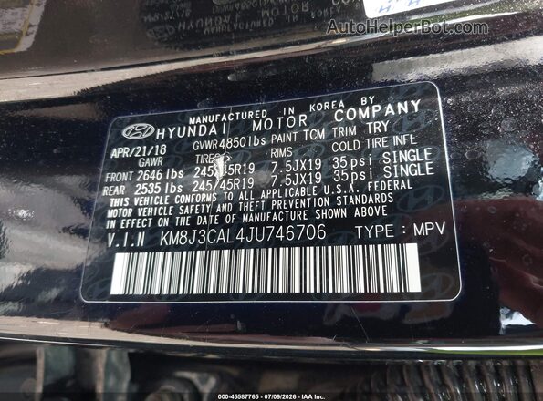 KM8J3CAL4JU746706 2018 HYUNDAI TUCSON Black Engine compartment view