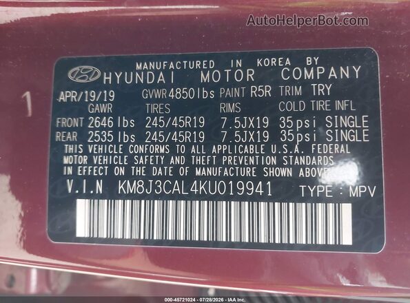 KM8J3CAL4KU019941 2019 HYUNDAI TUCSON Красный Вид подкапотного пространства