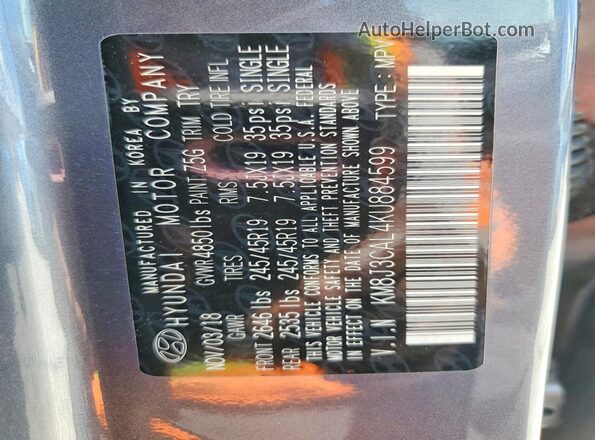 KM8J3CAL4KU884599 2019 HYUNDAI TUCSON Gray Շարժիչի բաժամունքի տեսք