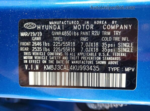 KM8J3CAL4KU993435 2019 HYUNDAI TUCSON Blue Панорамний вид салону 360°