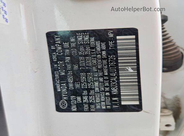 KM8J3CAL4LU176726 2020 HYUNDAI TUCSON White Widok naklejki z numerem VIN