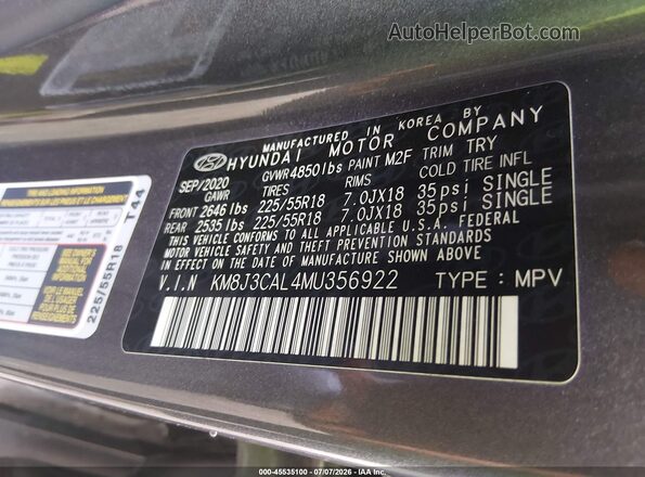 KM8J3CAL4MU356922 2021 HYUNDAI TUCSON Gray Вид підкапотного простору