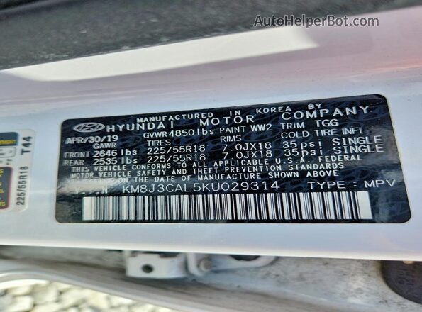 KM8J3CAL5KU029314 2019 HYUNDAI TUCSON White სალონის 360-გრადუსიანი ხედი