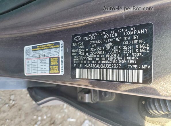 KM8J3CAL6MU352922 2021 HYUNDAI TUCSON Gray VIN კოდის სტიკერის ხედი