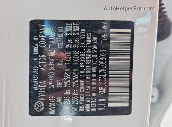 KM8J3CAL7KU058023 2019 HYUNDAI TUCSON White Панорамний вид салону 360°