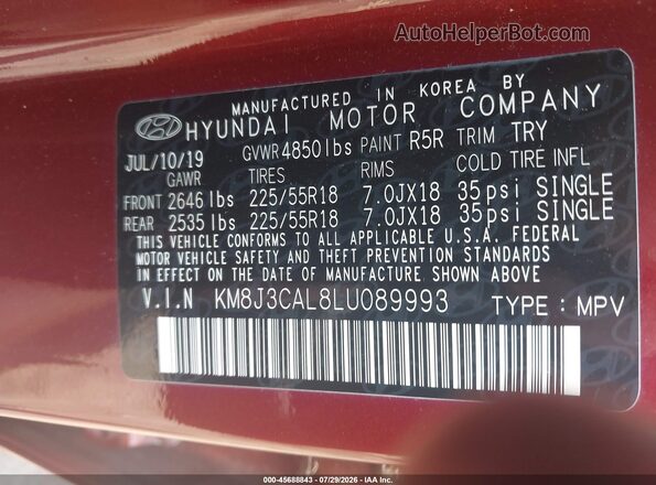 KM8J3CAL8LU089993 2020 HYUNDAI TUCSON Red Vista del compartimento del motor