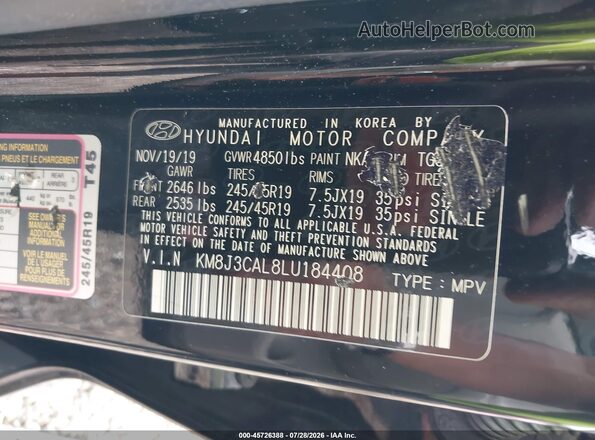 KM8J3CAL8LU184408 2020 HYUNDAI TUCSON Black Vista del compartimento del motor