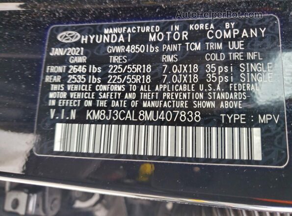 KM8J3CAL8MU407838 2021 HYUNDAI TUCSON Black Вид наклейки з VIN-кодом