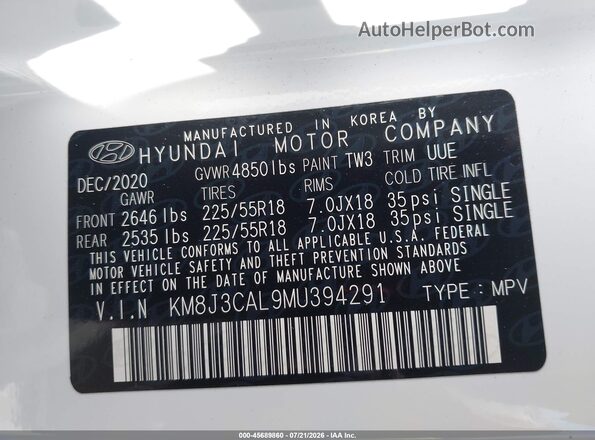 KM8J3CAL9MU394291 2021 HYUNDAI TUCSON White Widok komory silnika