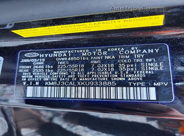 KM8J3CALXKU933885 2019 HYUNDAI TUCSON Black Widok naklejki z numerem VIN