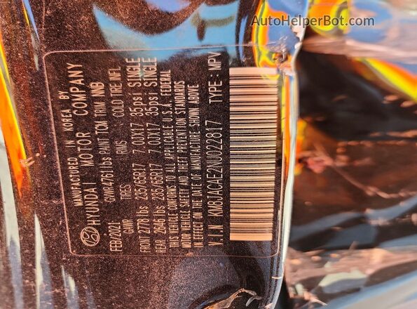 KM8JACAE2NU022817 2022 HYUNDAI TUCSON Черный Вид наклейки с VIN-кодом