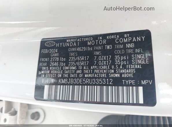 KM8JB3DE5RU335312 2024 HYUNDAI TUCSON White ძრავის განყოფილების ხედი