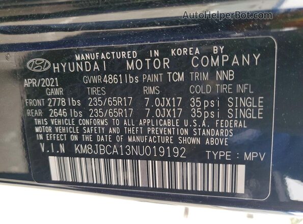 KM8JBCA13NU019192 2022 HYUNDAI TUCSON Black Vista de la etiqueta del VIN