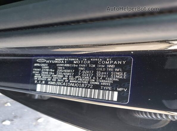 KM8JBCA15NU018772 2022 HYUNDAI TUCSON Black Вид наклейки з VIN-кодом