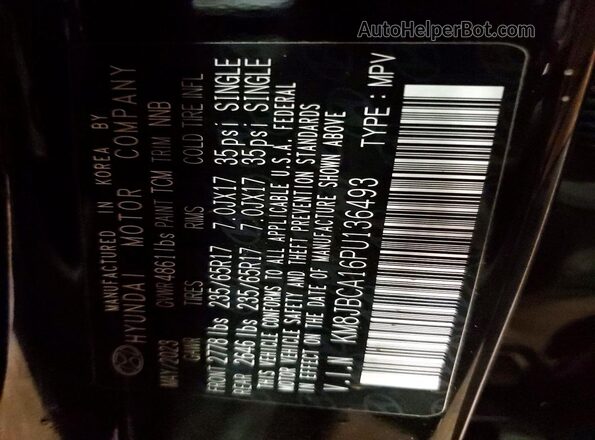 KM8JBCA16PU136493 2023 HYUNDAI TUCSON Black VIN sticker view