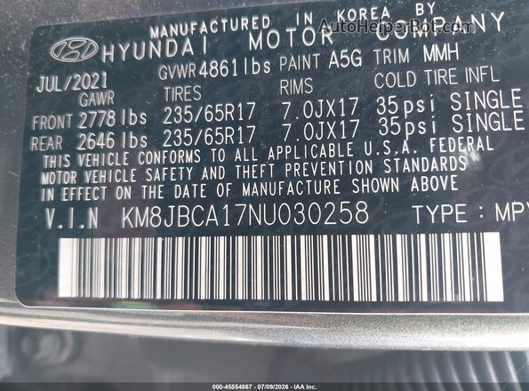 KM8JBCA17NU030258 2022 HYUNDAI TUCSON HYBRID Gray Շարժիչի բաժամունքի տեսք