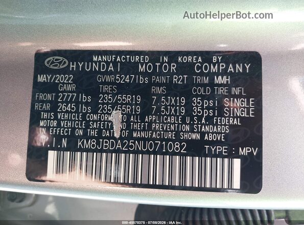 KM8JBDA25NU071082 2022 HYUNDAI TUCSON PLUG-IN HYBRID Silver ძრავის განყოფილების ხედი