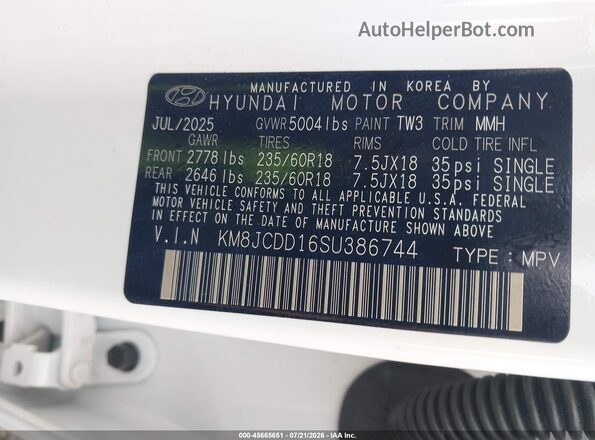 KM8JCDD16SU386744 2025 HYUNDAI TUCSON HYBRID White ძრავის განყოფილების ხედი