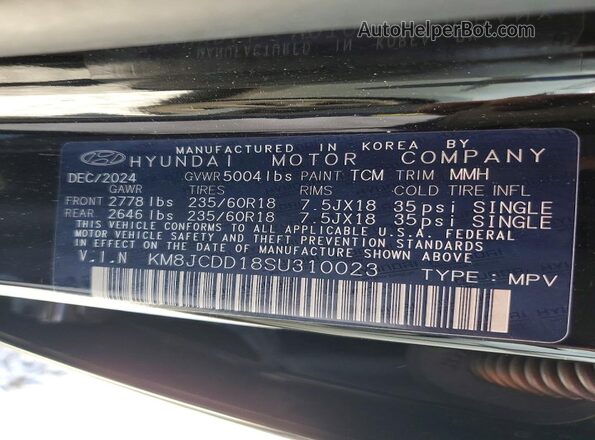 KM8JCDD18SU310023 2025 HYUNDAI TUCSON Black VIN კოდის სტიკერის ხედი
