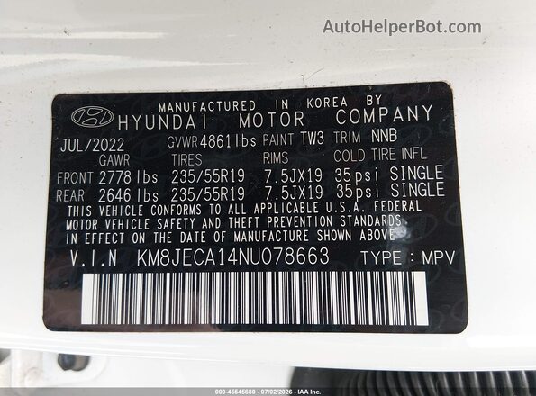 KM8JECA14NU078663 2022 HYUNDAI TUCSON HYBRID White Vista del compartimento del motor