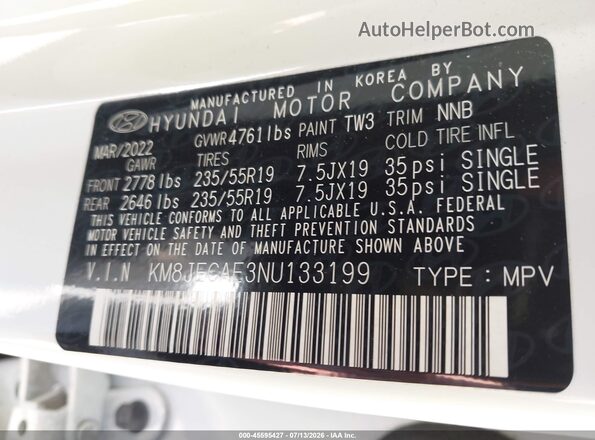 KM8JECAE3NU133199 2022 HYUNDAI TUCSON Белый Вид задних сидений