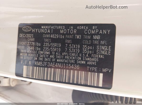 KM8JF3AE4NU115436 2022 HYUNDAI TUCSON White ძრავის განყოფილების ხედი