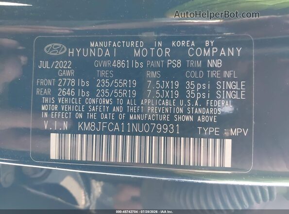 KM8JFCA11NU079931 2022 HYUNDAI TUCSON HYBRID Dark Blue ძრავის განყოფილების ხედი