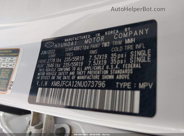 KM8JFCA12NU073796 2022 HYUNDAI TUCSON HYBRID Белый Вид подкапотного пространства