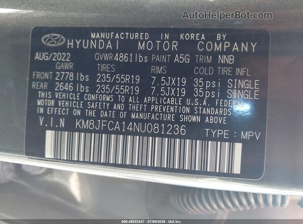 KM8JFCA14NU081236 2022 HYUNDAI TUCSON HYBRID Gray Շարժիչի բաժամունքի տեսք