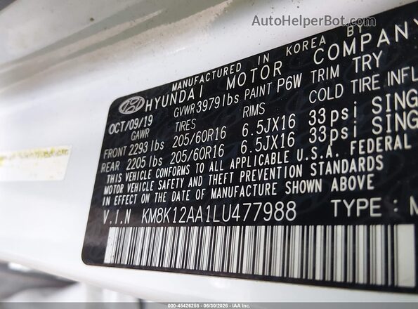 KM8K12AA1LU477988 2020 HYUNDAI KONA White Engine compartment view