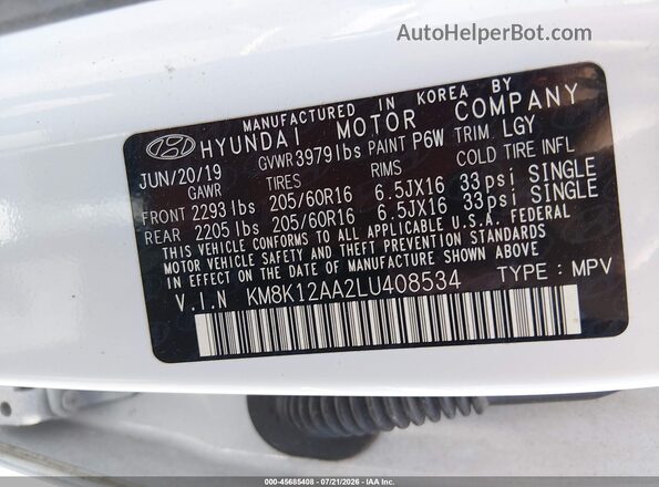 KM8K12AA2LU408534 2020 HYUNDAI KONA White Շարժիչի բաժամունքի տեսք