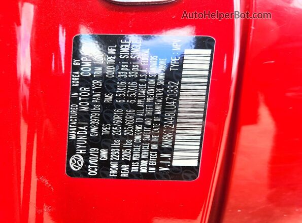 KM8K12AA8LU471332 2020 HYUNDAI KONA Red ძრავის განყოფილების ხედი