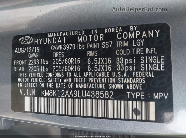 KM8K12AA9LU438582 2020 HYUNDAI KONA Silver Widok komory silnika