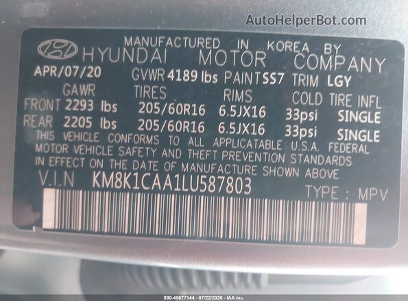 KM8K1CAA1LU587803 2020 HYUNDAI KONA Gray Շարժիչի բաժամունքի տեսք