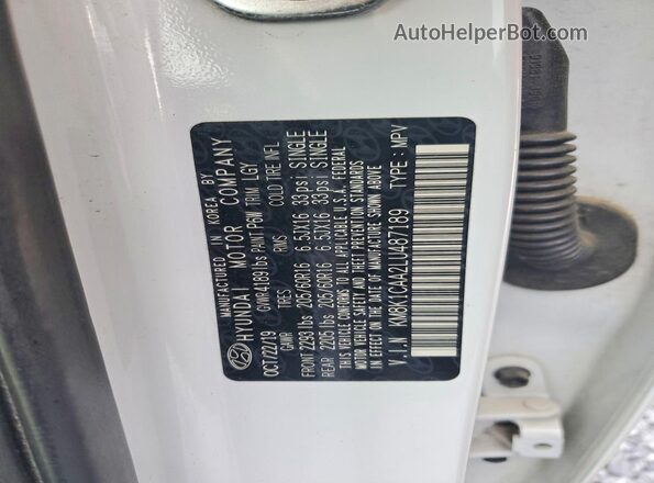 KM8K1CAA2LU487189 2020 HYUNDAI KONA White ძრავის განყოფილების ხედი