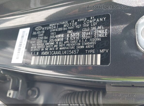 KM8K1CAA4LU415457 2020 HYUNDAI KONA Gray Vista del compartimento del motor