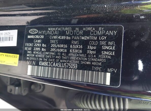 KM8K1CAA5LU575153 2020 HYUNDAI KONA Black Vista del compartimento del motor
