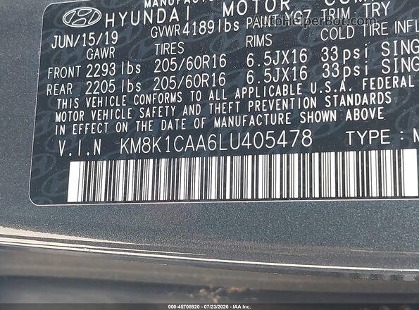 KM8K1CAA6LU405478 2020 HYUNDAI KONA Gray Вид підкапотного простору