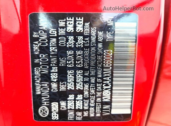 KM8K1CAAXMU660023 2021 HYUNDAI KONA Red Widok naklejki z numerem VIN