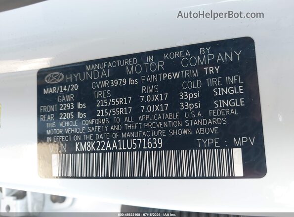 KM8K22AA1LU571639 2020 HYUNDAI KONA Белый Вид подкапотного пространства