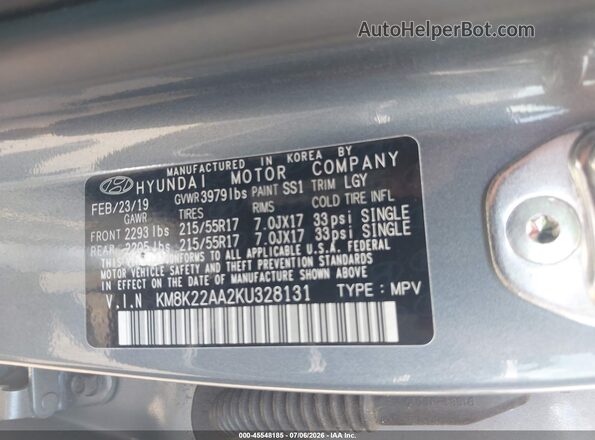 KM8K22AA2KU328131 2019 HYUNDAI KONA Gray Widok komory silnika