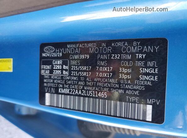 KM8K22AA2LU511465 2020 HYUNDAI KONA Blue სალონის 360-გრადუსიანი ხედი