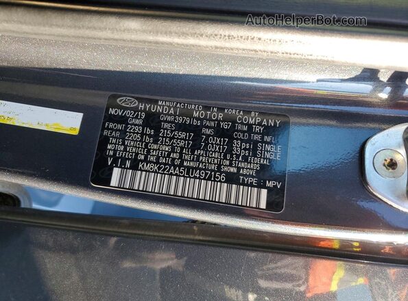 KM8K22AA5LU497156 2020 HYUNDAI KONA Charcoal Вид наклейки з VIN-кодом