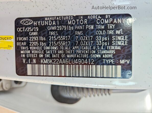 KM8K22AA6LU490412 2020 HYUNDAI KONA White VIN կոդի պիտակի տեսք
