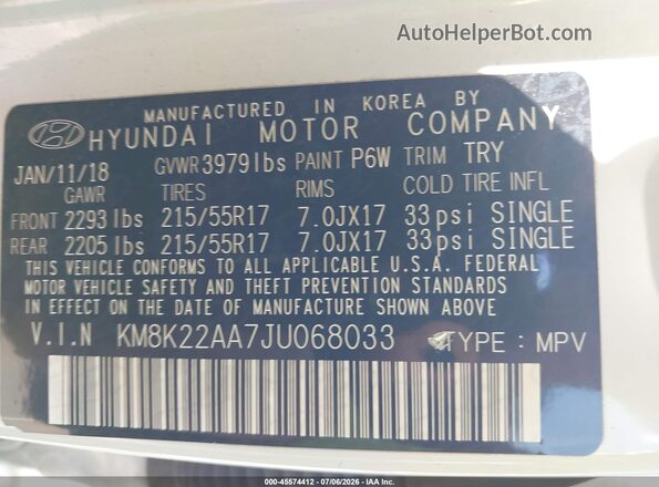 KM8K22AA7JU068033 2018 HYUNDAI KONA Белый Вид подкапотного пространства